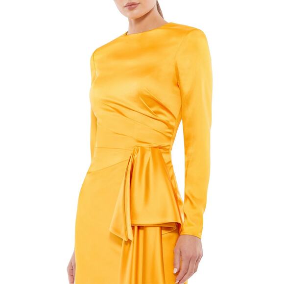 Ieena for Mac Duggal Asymmetrical Draped Long Sleeve Mini Dress - Marigold - 8 - Picture 4 of 10